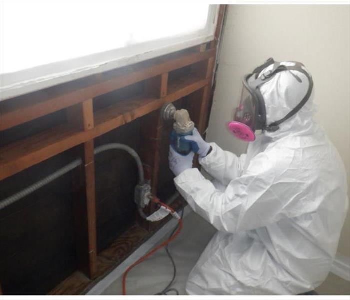 A mold remediation technician scraping mold off of wood slabs of a residential home. 