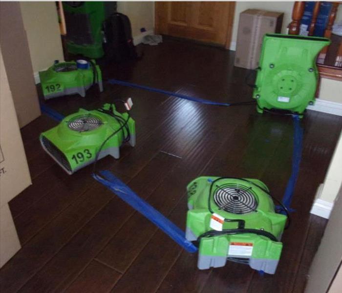 Four green airmovers dry a wooden floor and ceiling.